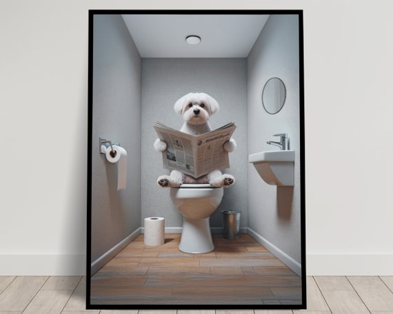 Photograph Of A Maltese Dog Reading The Newspaper On The Toilet Funny Bathroom Decor Bathroom Wall Art Wc Toilet Poster Gag Gift