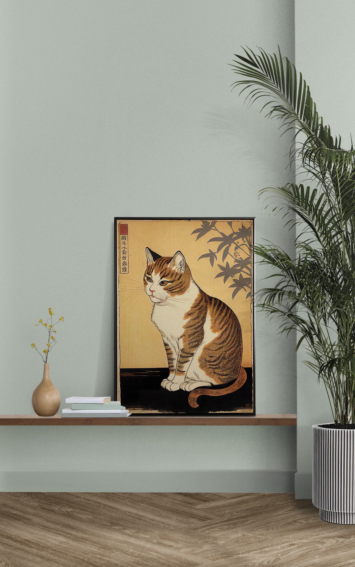 Japanese Woodblock Style Tabby Cat Illustration Vintage Asian Art Poster - Image 3