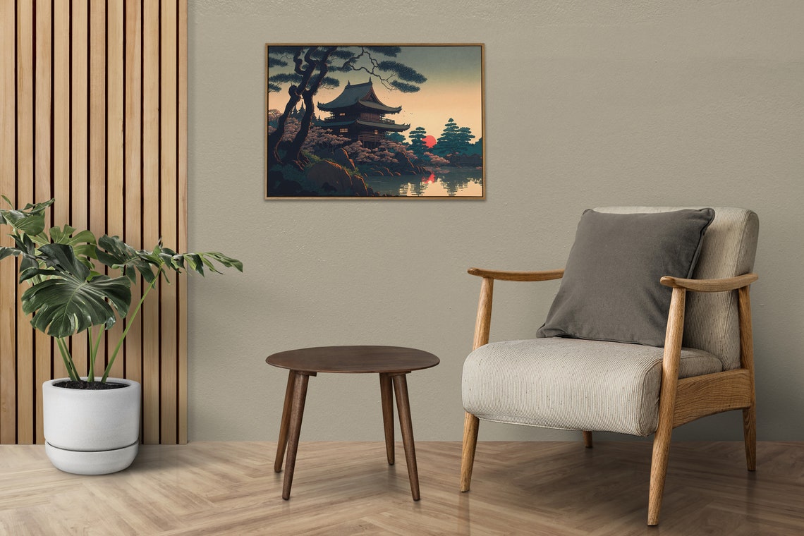 Japanese Pagoda Temple At Sunset Cherry Blossoms Lake Poster - Image 2