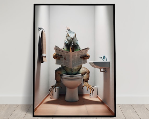 Iguana Reading the Newspaper on the Toilet Funny Bathroom Poster