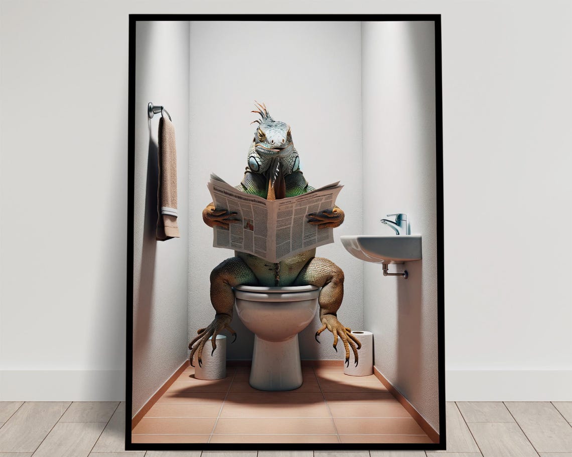Iguana Reading the Newspaper on the Toilet Funny Bathroom Poster