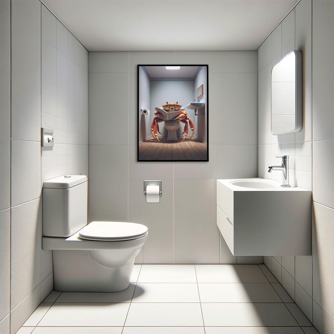 Red Crab Reading Newspaper On The Toilet Funny Bathroom Poster - Image 4