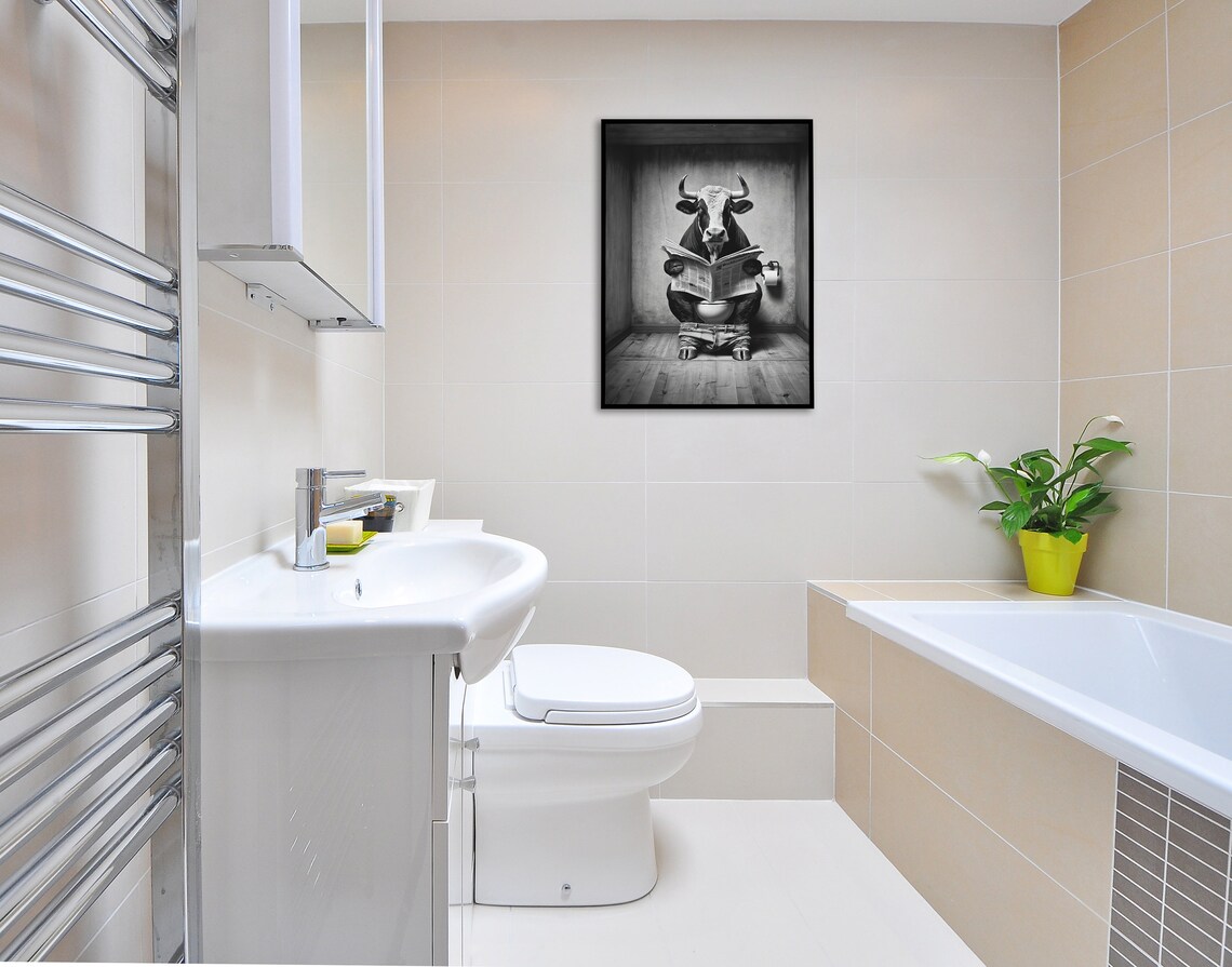 Funny Bull On Toilet Reading Newspaper Black White Cow Humor Poster - Image 4