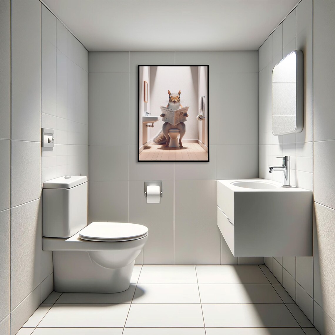 Squirrel Reading the Newspaper on the Toilet Funny Bathroom Poster - Image 4