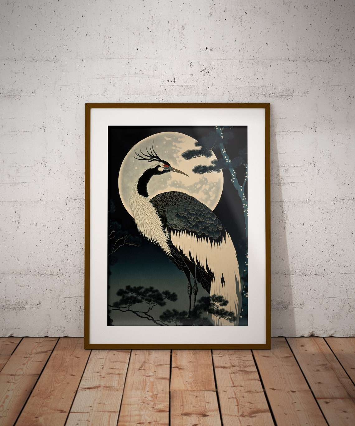 Red Crowned Crane Under Full Moon Pine Trees Japanese Poster - Image 2