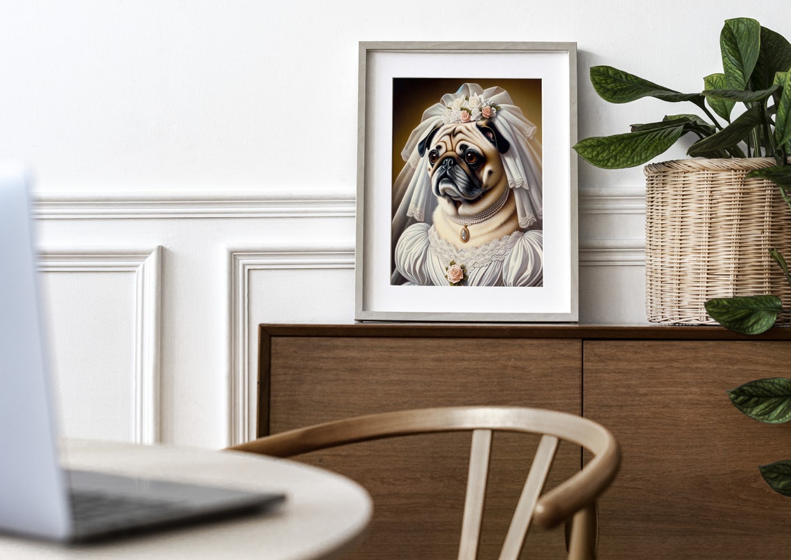 Pug Bride in Wedding Dress Veil and Pearls Funny Dog Wedding Poster - Image 3