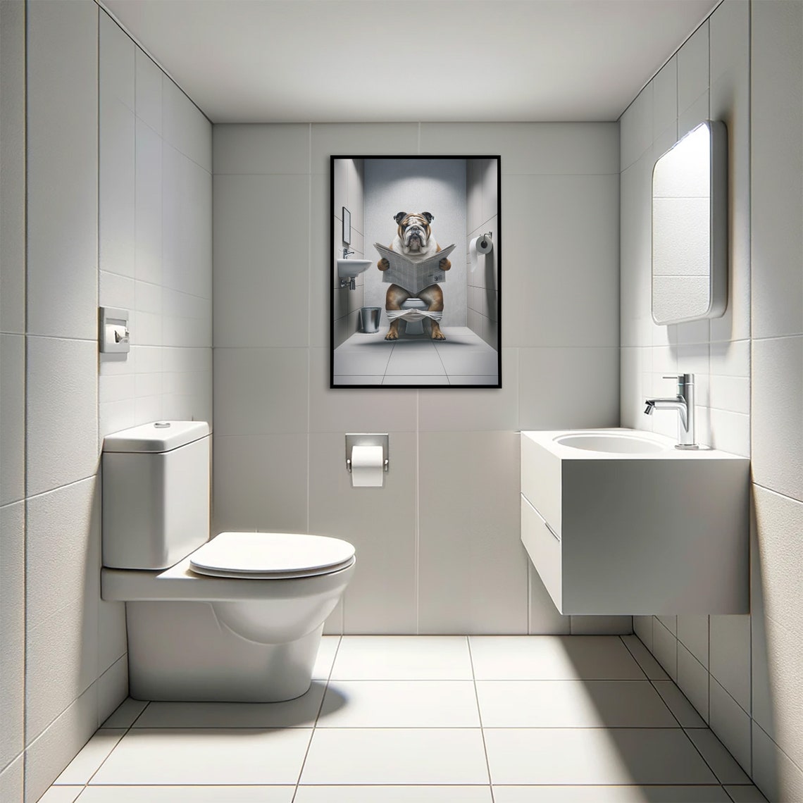 Photograph Of An English Bulldog Reading The Newspaper On The Toilet Fun Bathroom Decor Bathroom Wall Art Wc Toilet Poster Unique Gift - Image 4