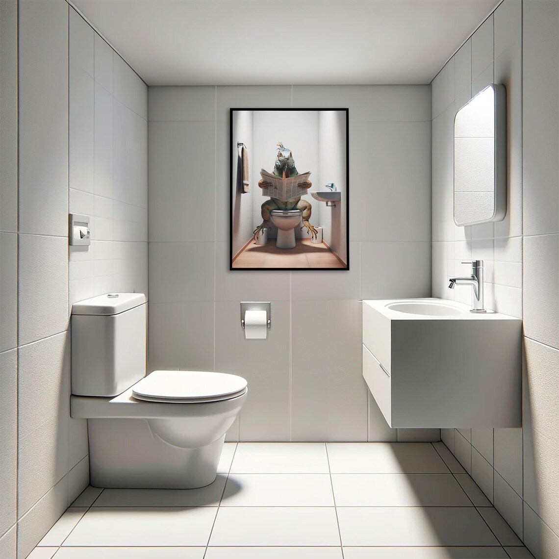 Iguana Reading the Newspaper on the Toilet Funny Bathroom Poster - Image 4