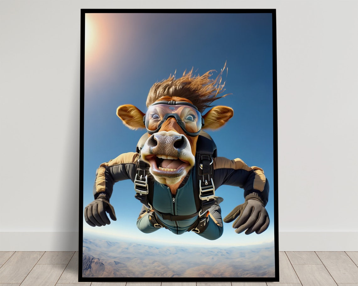 Smiling Brown Cow Skydiving In Goggles Epic Freefall Funny Poster