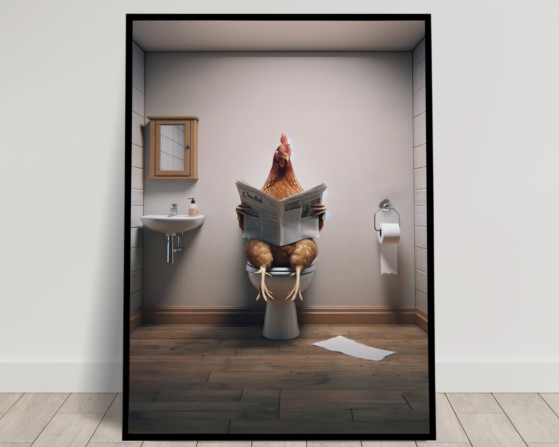 Funny Hen Reading Newspaper On Toilet Farmhouse Bathroom Humor Poster
