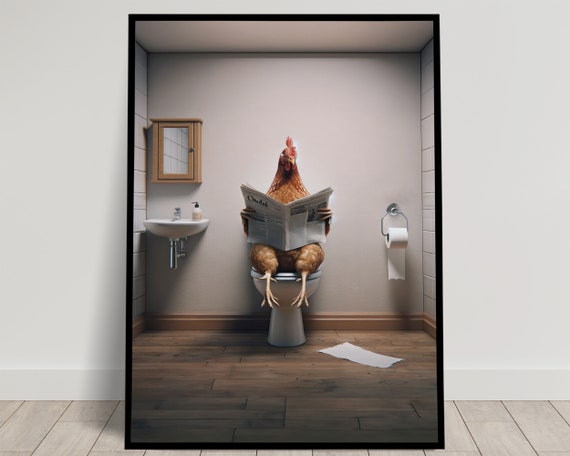 Photograph Of A Hen Reading The Newspaper On The Toilet Funny Bathroom Decor Bathroom Wall Art Wc Toilet Poster Unique Funny Gift