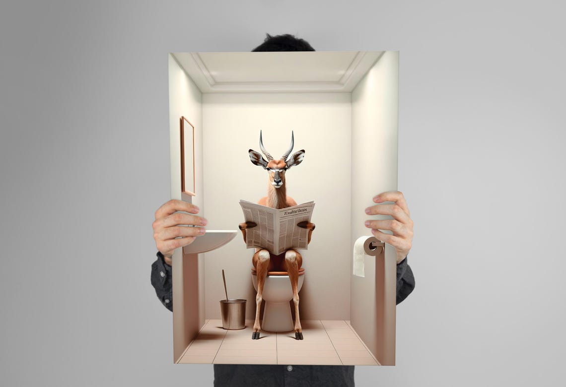 Antelope Reading the Newspaper on the Toilet Funny Bathroom Poster - Image 3