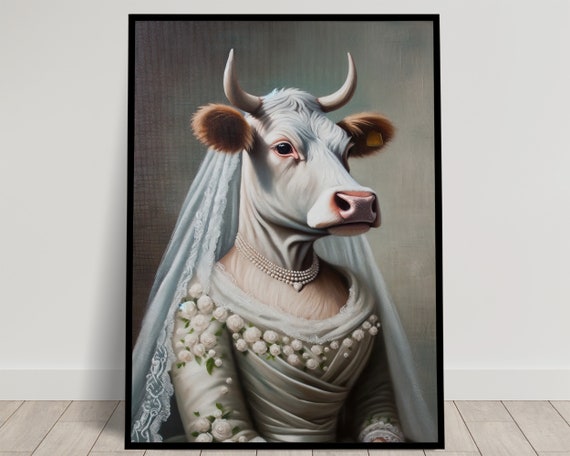 Portrait Of A Cow Wearing A Wedding Dress Animal Wall Decor Cow Mariage Poster Bride Wall Art Funny Frame Unique Gift