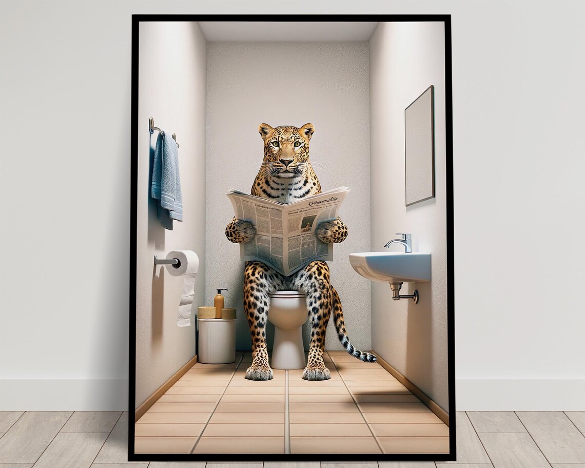 Leopard Reading Newspaper Bathroom Poster, Funny Decor