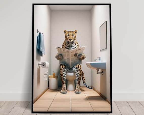 Leopard Reading Newspaper Bathroom Poster, Funny Decor