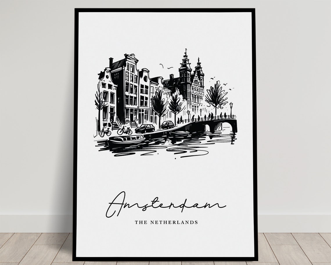 Amsterdam Canal Houses Minimalist Ink Sketch Travel Netherlands Poster