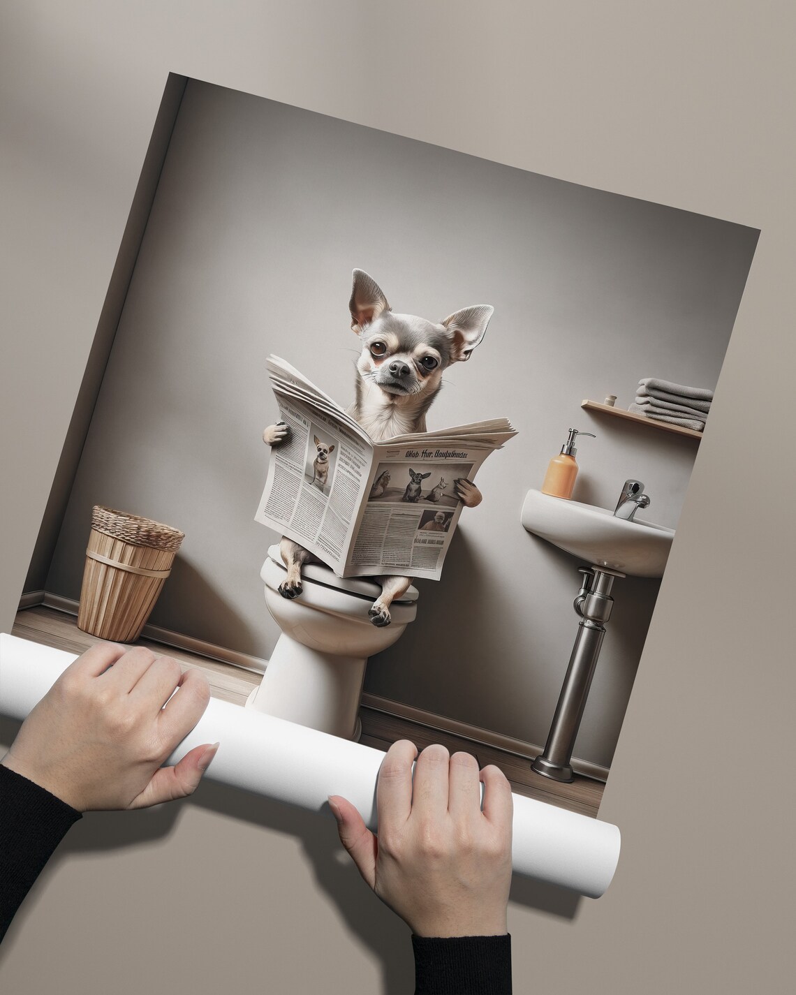 Photograph Of A Chihuahua Reading The Newspaper On The Toilet Funny Bathroom Decor Bathroom Wall Art Wc Toilet Poster Unique Funny Gift - Image 2