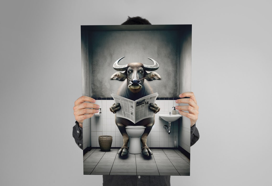 Water Buffalo Reading Newspaper on the Toilet Funny Bathroom Poster - Image 3