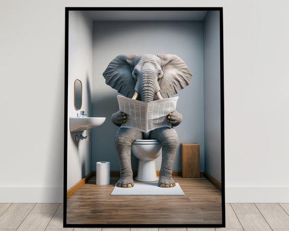 Photograph Of A Elephant Reading The Newspaper On The Toilet Funny Bathroom Decor Bathroom Wall Art Wc Toilet Poster Unique Funny Gift