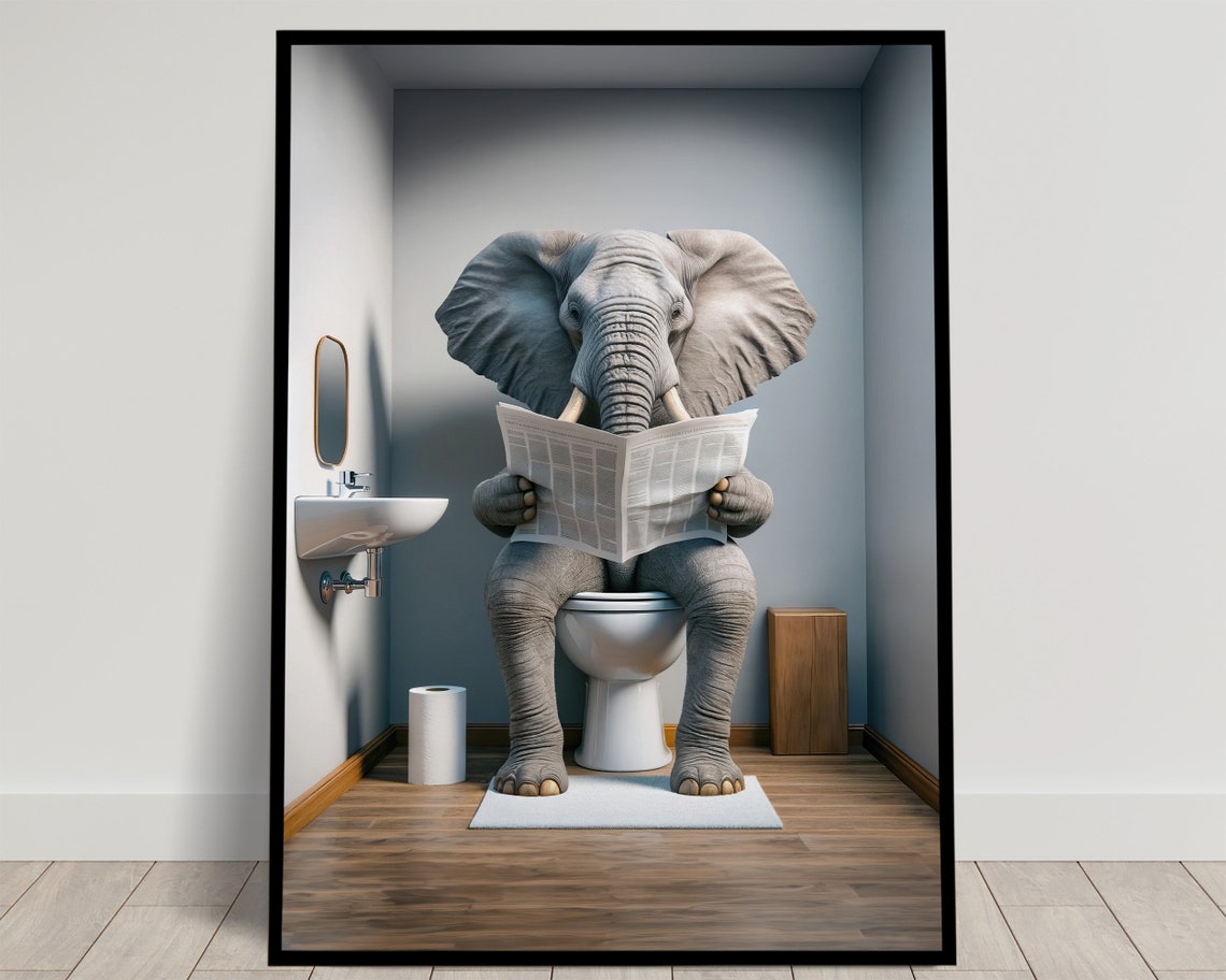 Elephant Reading Newspaper While Sitting on the Toilet Funny Poster