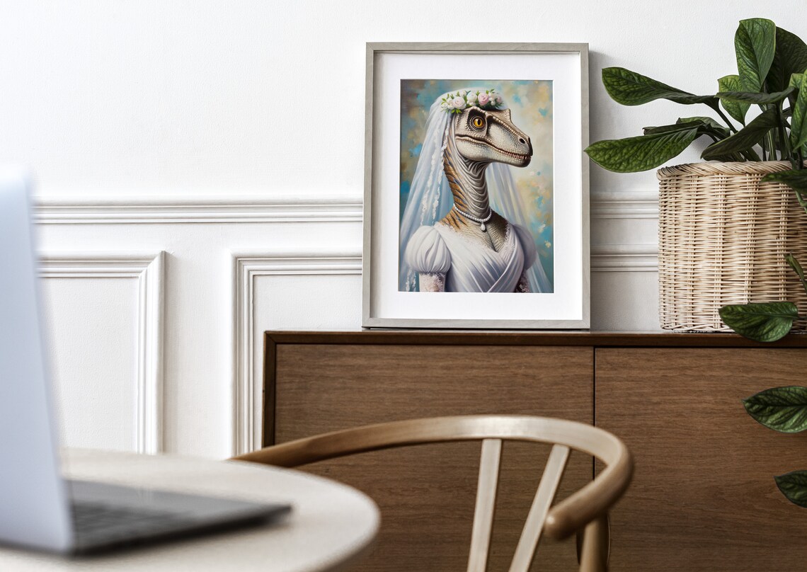 Velociraptor Bride in a Wedding Dress with a Rose Crown Dinosaur Poster - Image 3