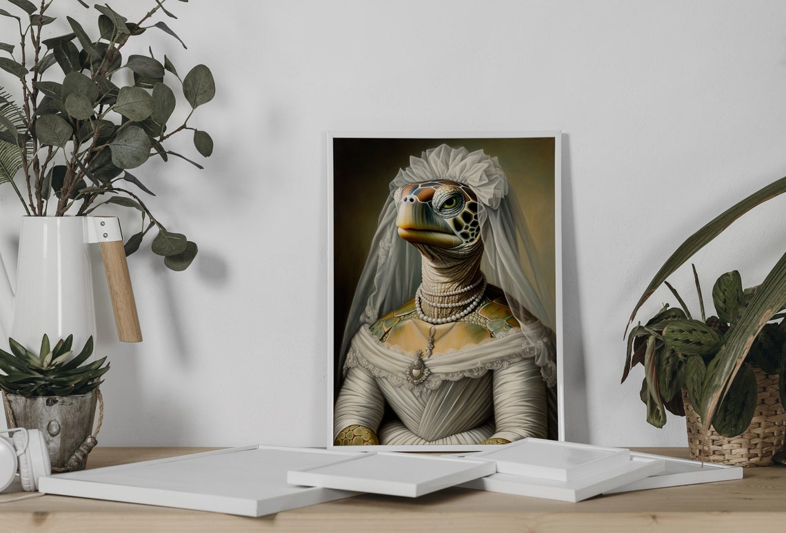 Sea Turtle In Wedding Dress And Pearls Baroque Portrait Funny Poster - Image 2