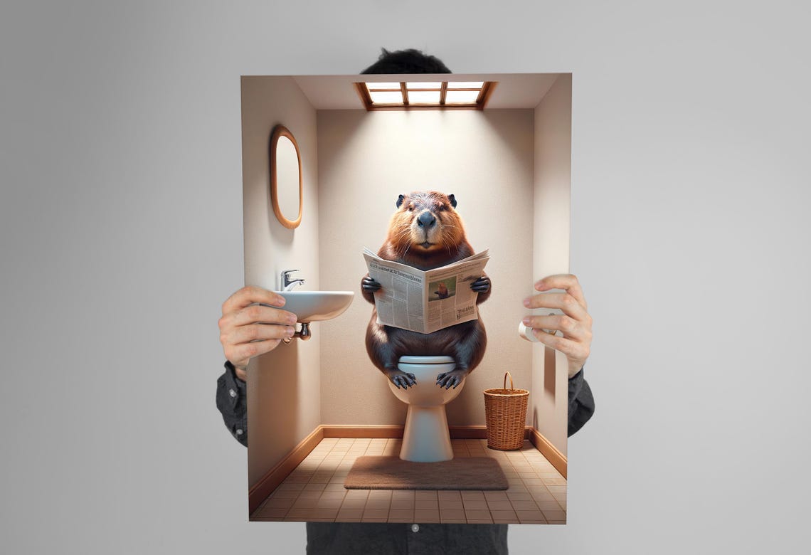 Beaver Reading the Newspaper on the Toilet Funny Bathroom Poster - Image 3