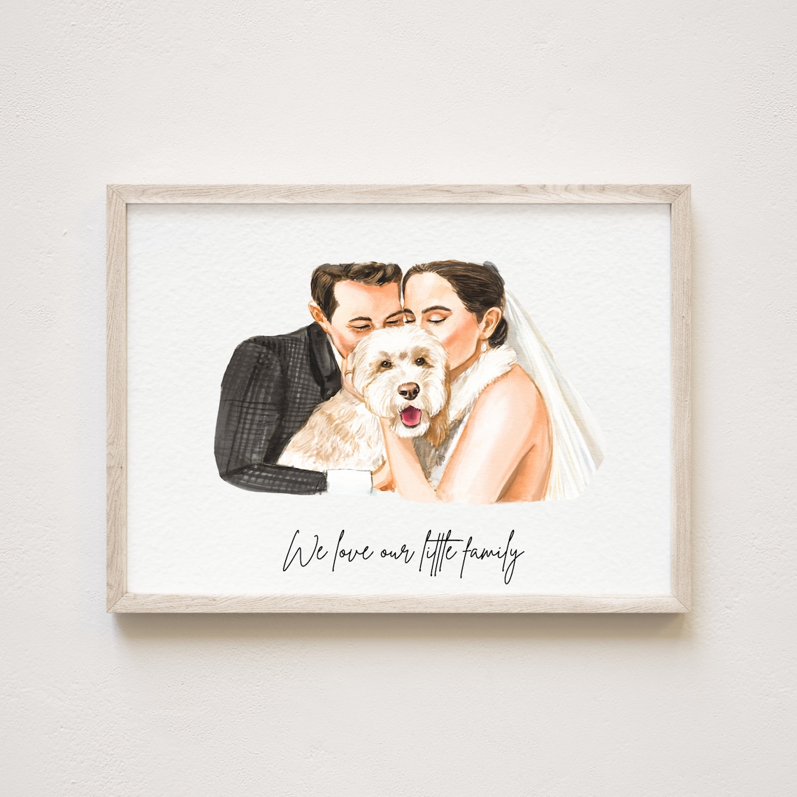 Personalized Couple Portrait With Pet, Watercolor Art Print
