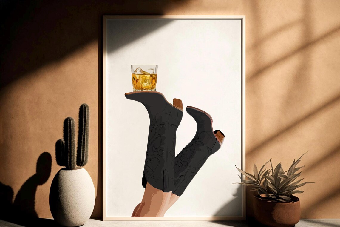 Black Cowgirl Boots Whiskey Coquette Western Art Print