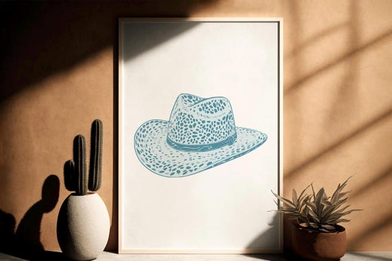 Light Blue Cowgirl Hat Cheetah Print Western Preppy Decor Rodeo Wall Art