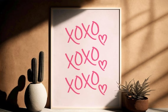 Pink XOXO Hearts Handwritten Love Typography Decorative Art Poster