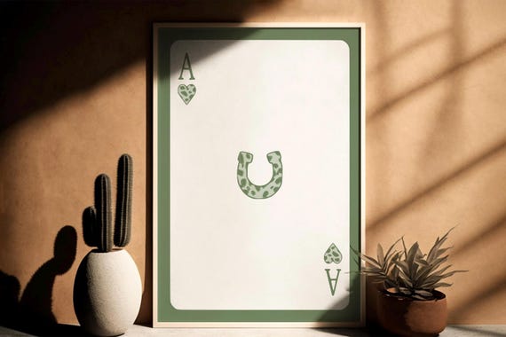 Sage Green Ace Of Hearts Wall Art Print Cheetah Retro Trendy Western Playing Card Poster Poker