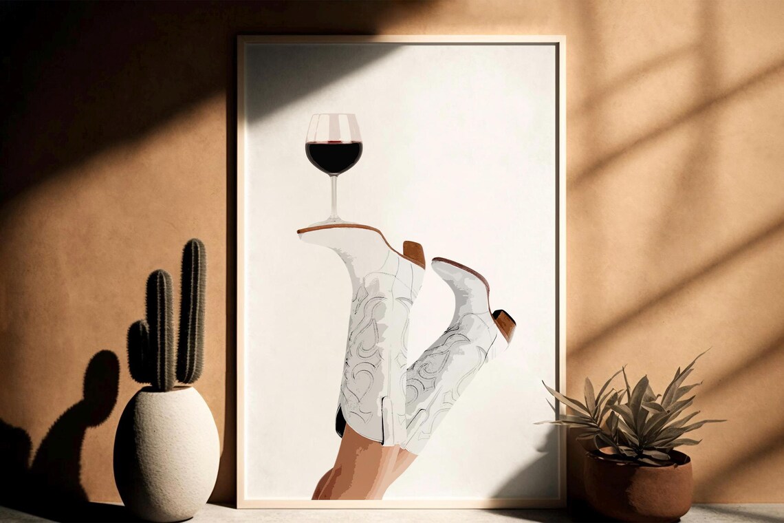 Cute White Cowgirl Boots Red Wine Glass Western Rodeo Art Print