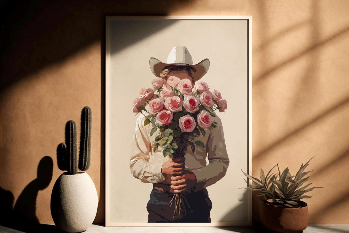 Cowboy Holding Pink Roses Bouquet Romantic Western Valentine Poster