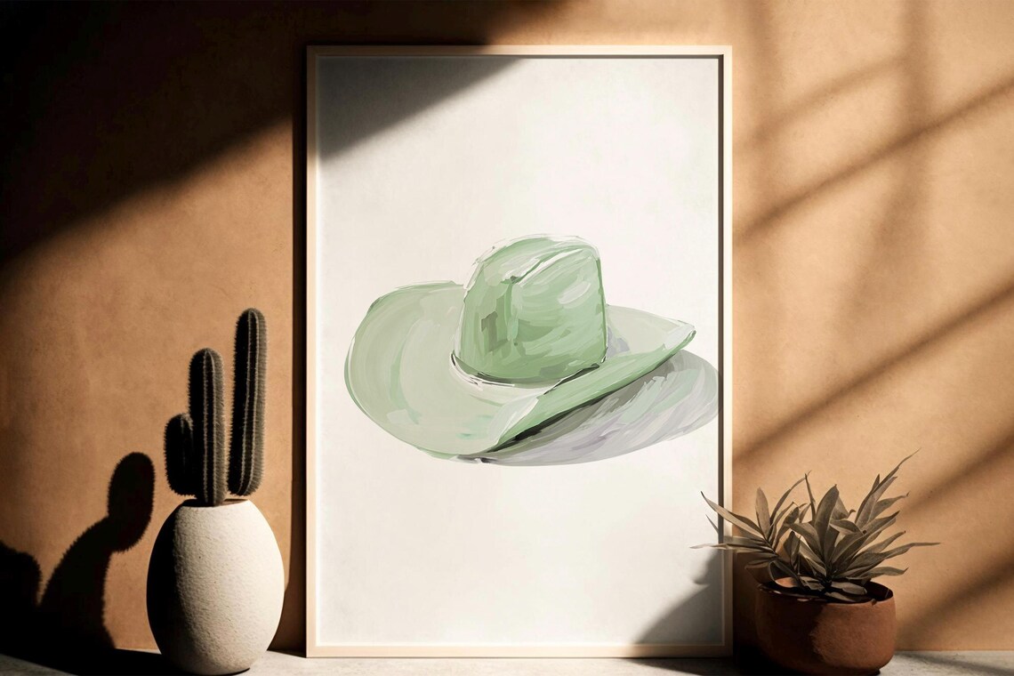 Sage Green Cowgirl Hat Oil Painting Western Art Print