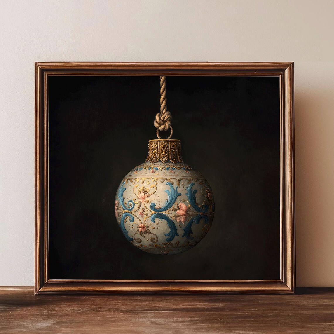 Hand Painted Floral Christmas Bauble Ornament Vintage Holiday Art Poster
