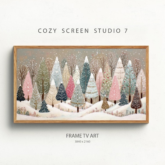 Pastel Christmas Trees Winter Wonderland Whimsical Snow Forest Art Poster