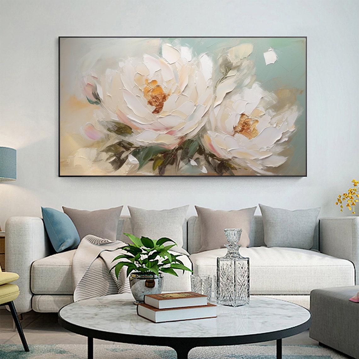 Soft White Peonies Teal Dreamy Pastel Floral Painting Poster - Image 3