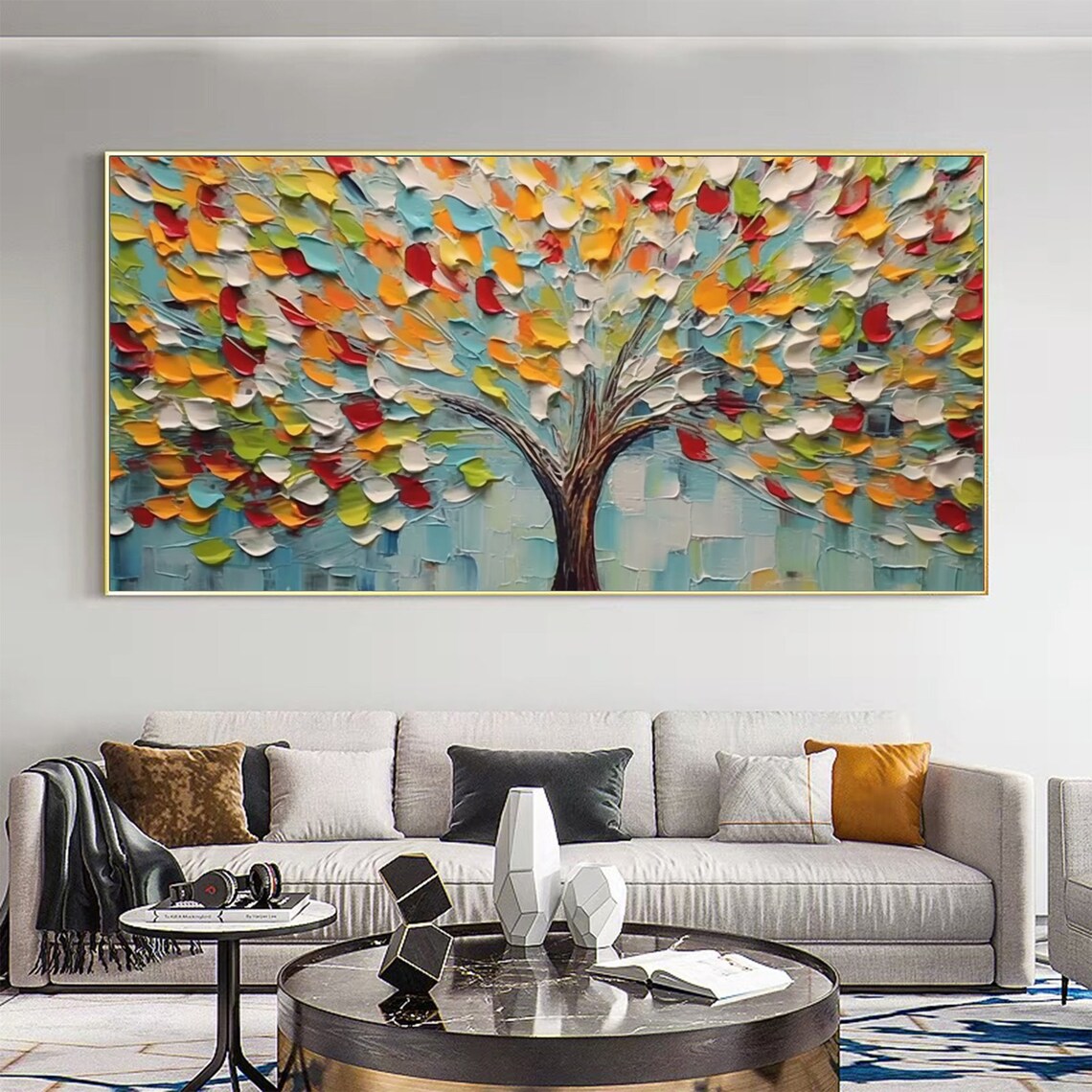 Colorful Tree with Red Yellow Green Leaves on Blue Art Poster - Image 4