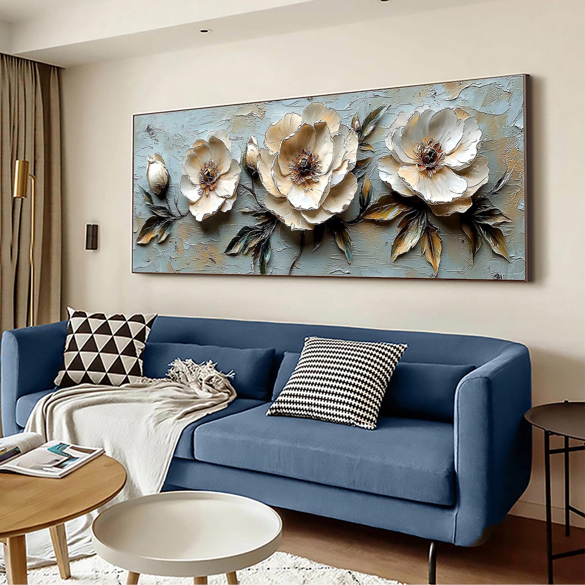 White Peonies Teal Panoramic Floral Sculpted 3D Flower Painting Poster - Image 5