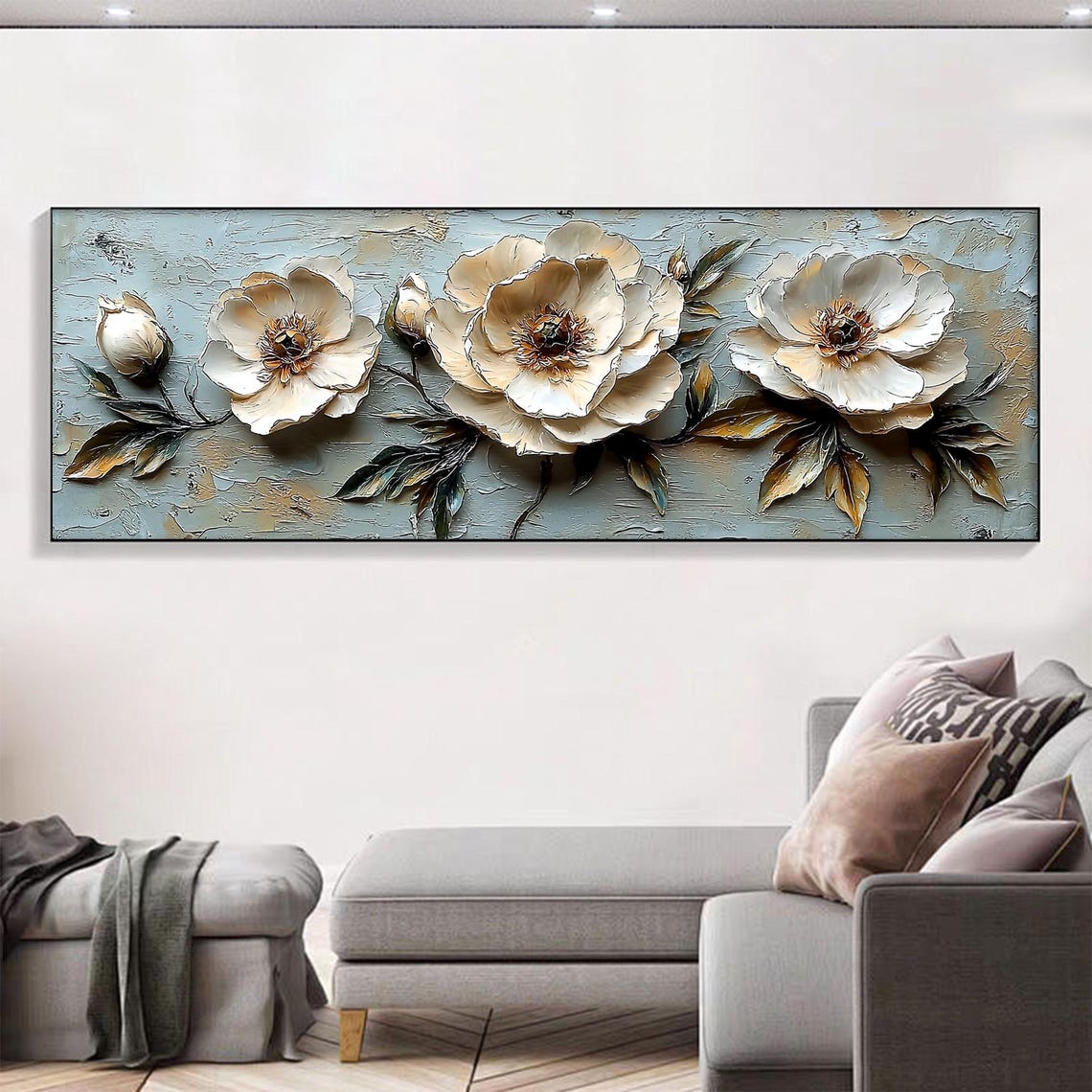 White Peonies Teal Panoramic Floral Sculpted 3D Flower Painting Poster - Image 2