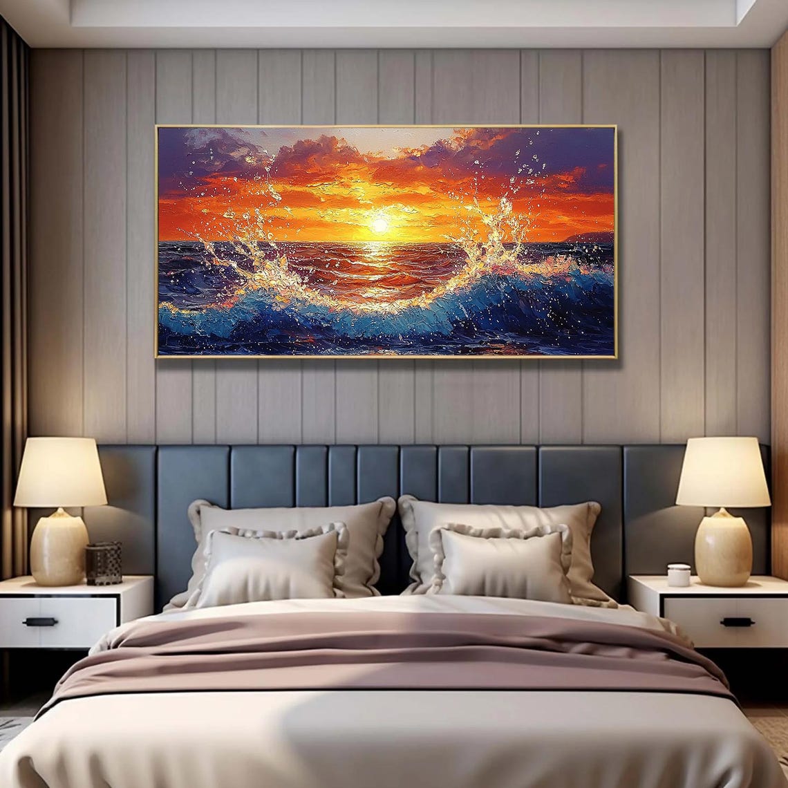 Vibrant Orange Sunset Seascape with Splashing Waves Oil Poster - Image 3