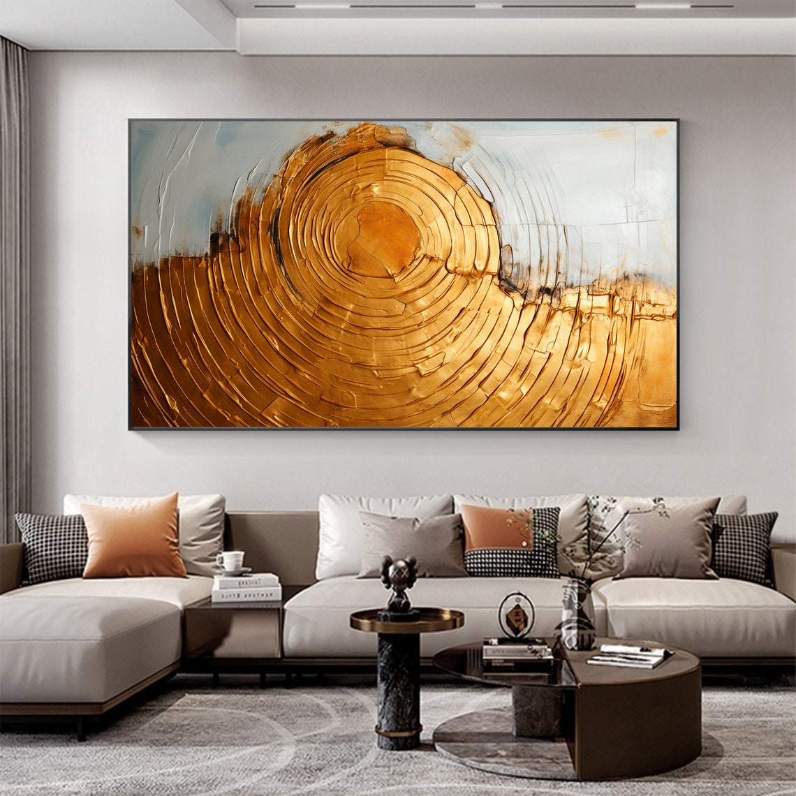 Gold Concentric Circles Spiral White Textured Abstract Painting Poster - Image 2
