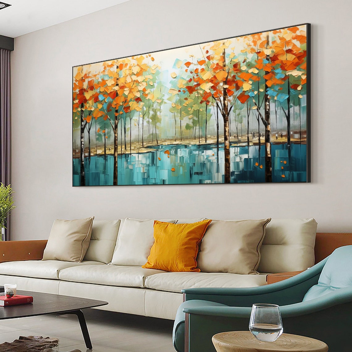 Autumn Trees with Orange Foliage Reflecting in Teal Lake Poster - Image 5