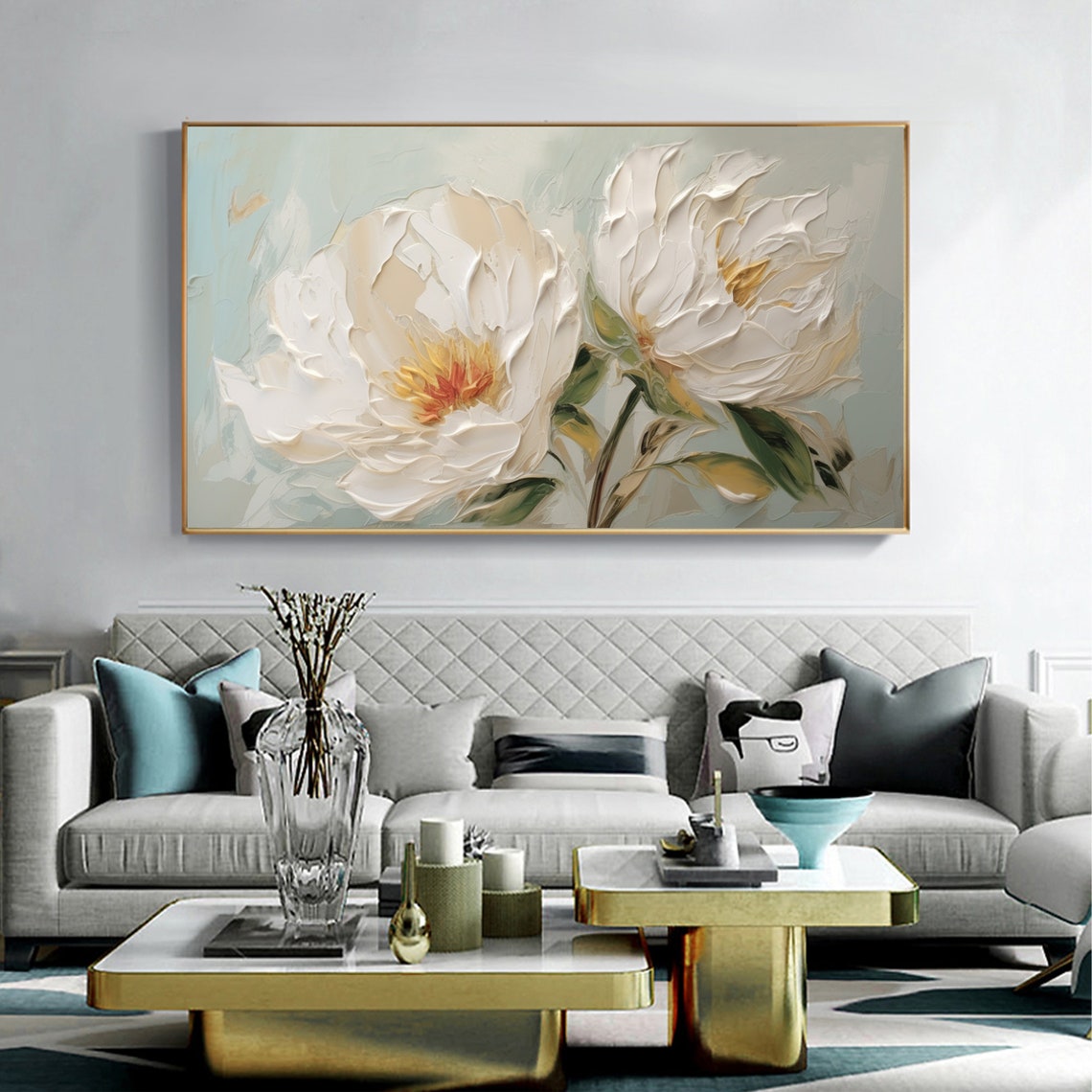 White Peony Flowers Soft Sage Impasto Texture Painting Poster - Image 2