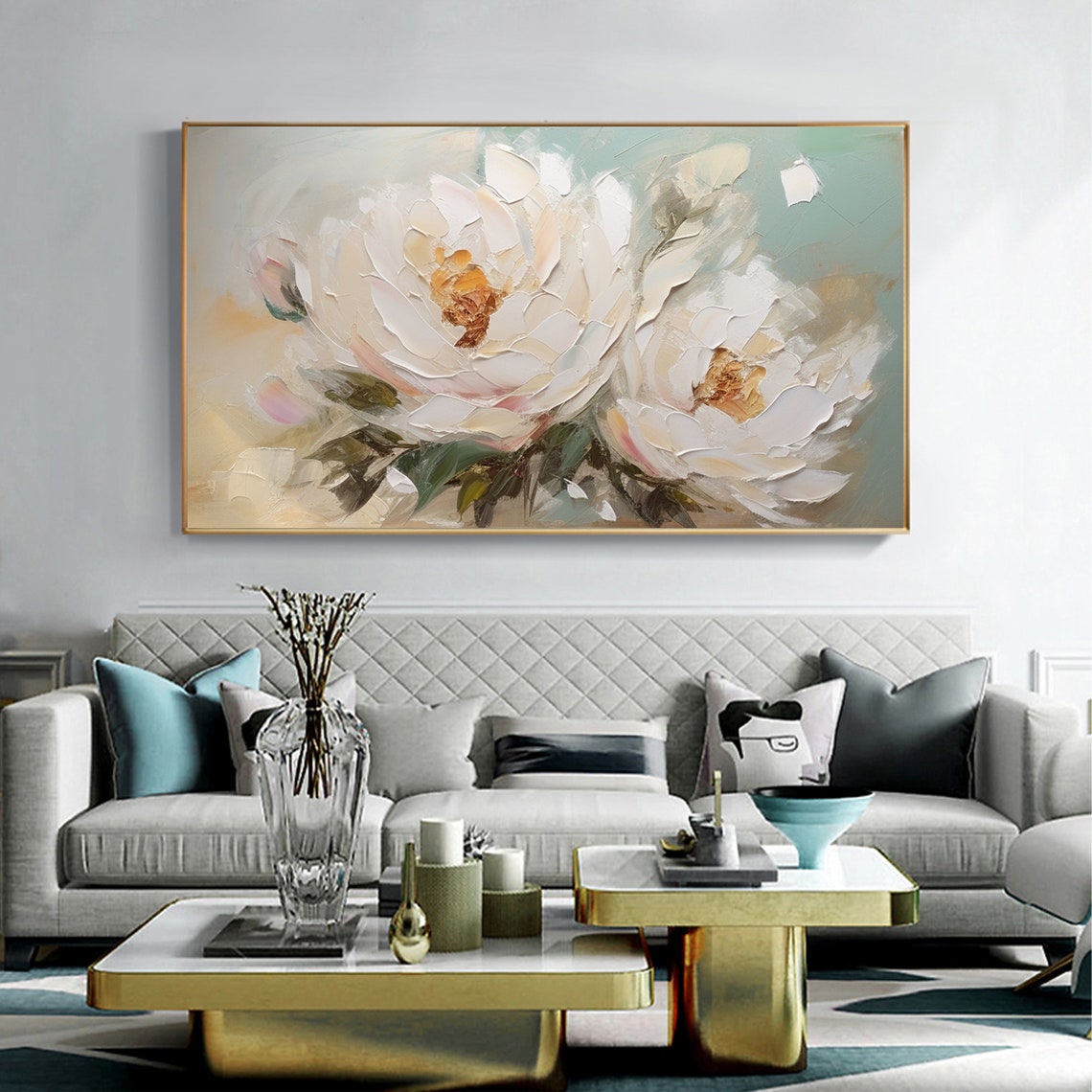 Soft White Peonies Teal Dreamy Pastel Floral Painting Poster - Image 6