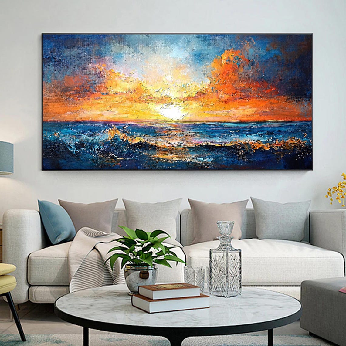 Dramatic Ocean Sunset Deep Blue Waves Seascape Painting Poster - Image 3