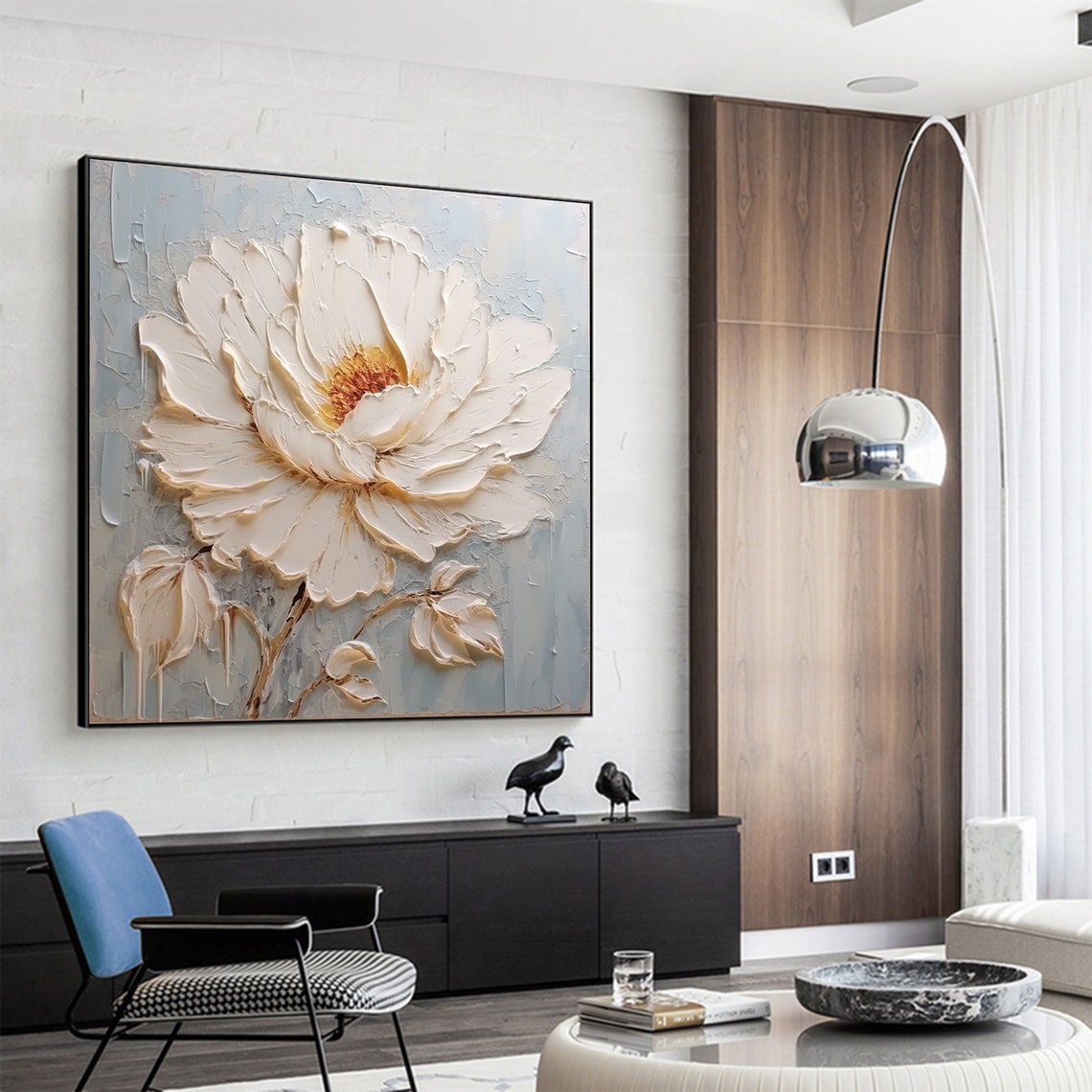 Large White Peony Blossom Thick Impasto on Soft Pale Blue Poster - Image 4