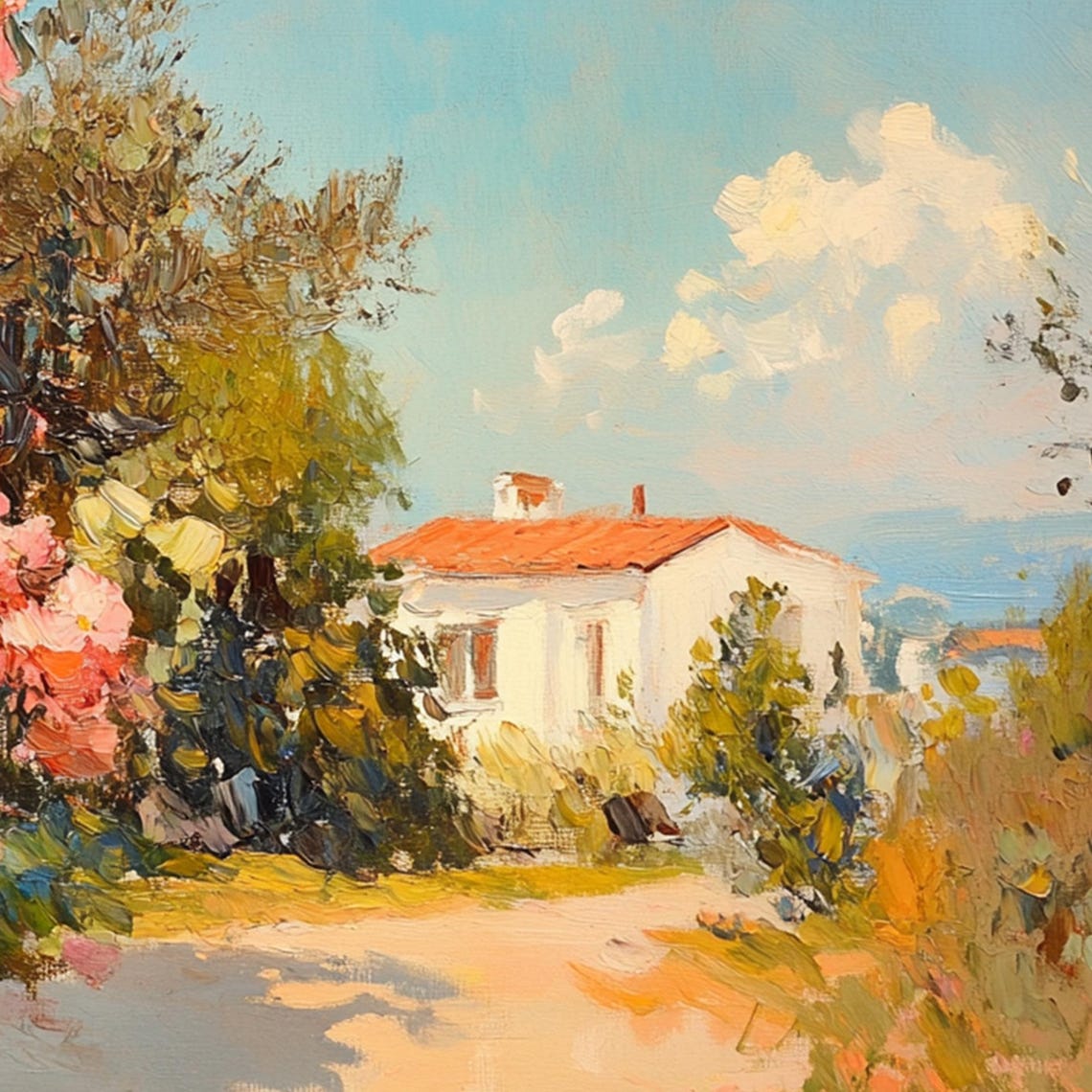 Pink Blossom Bushes Cottage Path Impressionist Landscape Poster - Image 5