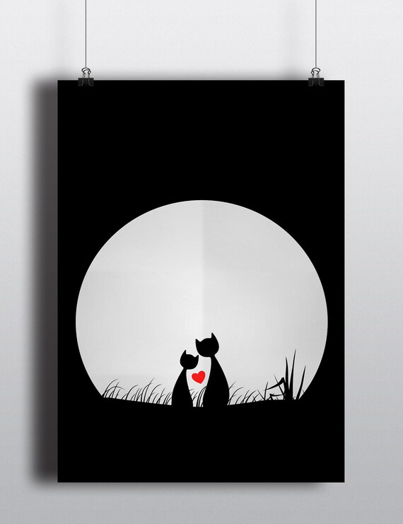 Two Black Cats Silhouette Under Full Moon Red Heart Night Poster